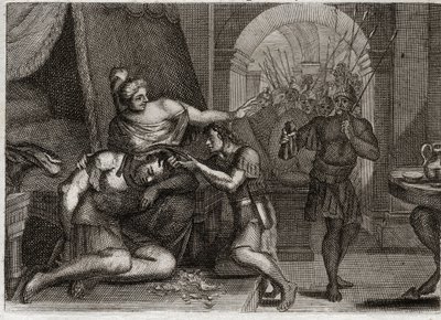 Royaumont Biblia, Ószövetség: Sámson halála. Sámson rájön Dalilára, hogy ereje a hajában van. Levágja a haját, és beviszi a filiszteus katonákat a szobába. Illusztráció 1811-ből. alkotó: Unknown artist