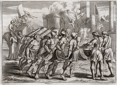 Royaumont Biblia, Ószövetség: Jerikóból vették. Jerikó falai a földre omlanak az Úr frigyládáját megelőző papok trombitáinak hangjára. Illusztráció 1811-ből. alkotó: Unknown artist