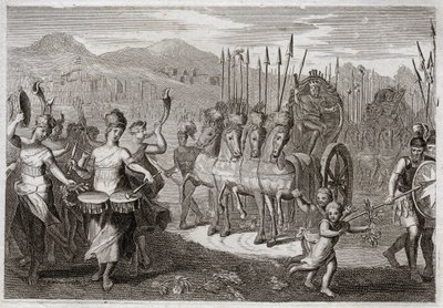 Royaumont Biblia, Ószövetség: Dávid diadala. Miután Dávid legyőzte az óriás Góliátot, Izrael asszonyai előtte mentek, hogy tiszteljék diadalát, örömujjongással és hangszerek hangjával. Illusztráció 1811-ből. alkotó: Unknown artist