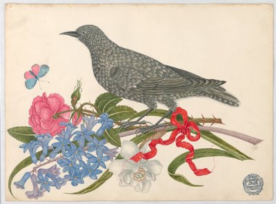 Fekete madár virágokkal, pillangóval és piros szalaggal alkotó: Unknown artist
