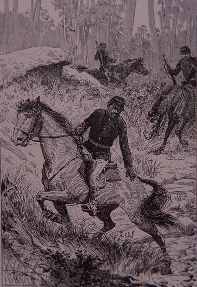 A fekete nyomkövetők bokorvadászokat üldöznek Ausztráliában (metszet) alkotó: Unknown artist