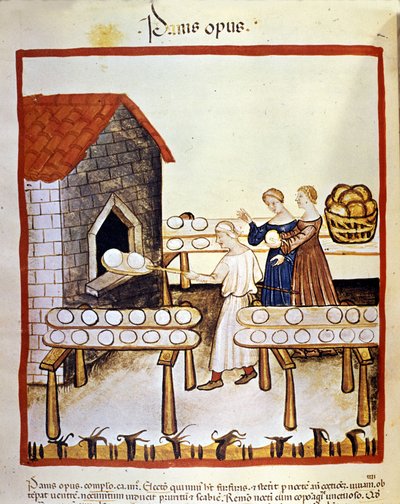Fekete kenyér: egy pék a munkahelyén a kemence előtt. Megvilágítás az orvostudomány és a dietetika fejéséből "" Tacuinum sanitatis"" alkotó: Unknown artist