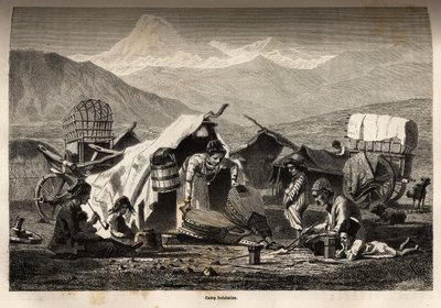 Bohém tábor. Basile Vereschaguine 1864-1865-ben a Kaukázus tartományaiban tett utazást illusztráló metszet, megjelent a „Le tour du monde, nouveau Journal des voyages” című folyóiratban, szerkesztette Edouard Charton alkotó: Unknown artist