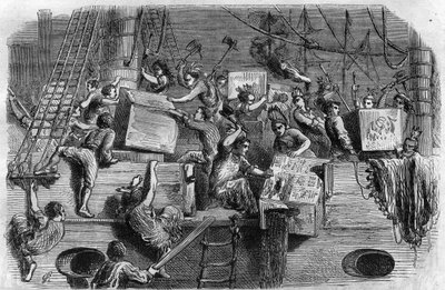 Boston tea party. Az Egyesült Államok függetlenségi háborúja: (nagy-britanniai származású) amerikai telepesek lázadása az angol parlament által a teára és más élelmiszerekre kivetett adók ellen. Indiainak álcázzák magukat, és a tea rakományát a tengerbe do alkotó: Unknown artist