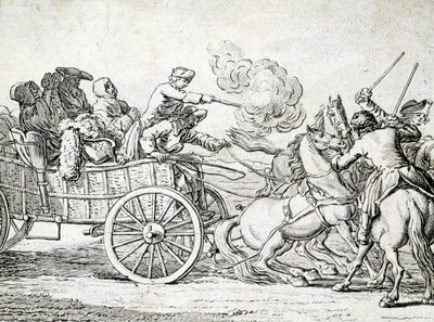 Brigandok támadnak utasokra egy szekéren. Egy 18. századi névtelen metszete. alkotó: Unknown artist