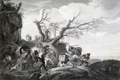 Brigandok támadják az utazókat egy országúton. Egy 18. századi névtelen metszet. alkotó: Unknown artist