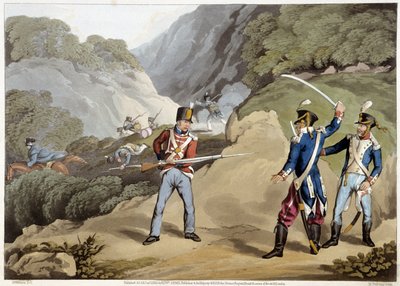 Brit katona fogságba ejtett két francia tisztet a pireneusi csatában – Edward Orme „Történelmi, katonai és haditengerészeti anekdotáiban...” alkotó: Unknown artist