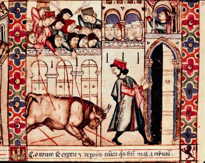 Bikaviadal: a bika öl az arénában a spanyolországi Plasenza (Plasencia) hagyományos ünnepein, 144. ének. Miniatűr Szent Mária himnuszból alkotó: Unknown artist