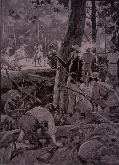 Bushrangers, ausztrál betyárok kirabolnak egy aranykísérőt (metszet) alkotó: Unknown artist