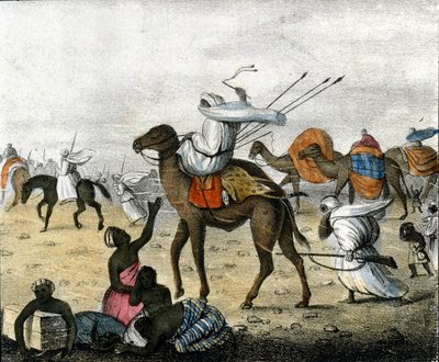 Karaván a sivatagban Marokkóban szélvihar idején. alkotó: Unknown artist