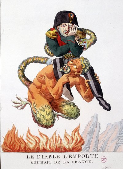 Karikatúra Bonaparte Napóleonról, amelyet az ördög hordott: Az ördög győzze Franciaország kívánságát – „” I. Napóleon, karikatúrák, próbababa gyűjtemény”. 1814 - 1815. B.H.V.P. alkotó: Unknown artist