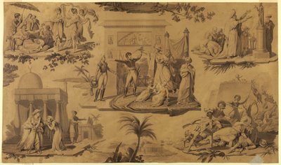 Rajzfilm nyomtatott pamuttextilekhez: A franciák Egyiptomban [Les Francais en Egypte] alkotó: Unknown artist