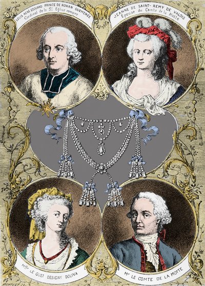 Marie Antoinette királyné nyakláncának esete - az ügy főszereplői: Louis Rene Edouard de Rohan (Rohan bíboros), Jeanne de Valois Saint Remy (Valois-Saint-Remy), de la Motte gróf és Le Guet d