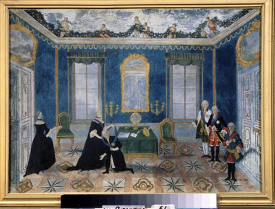 II. orosz Katalin (1729-1796) bíróság elé hívja Alekszej Bestoujev Rioumine (1693-1768) kancellárt. 18. századi névtelen festmény, olaj, vászon, második h alkotó: Unknown artist