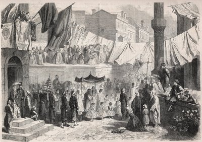 Katolikus körmenet Konstantinápoly utcáin a Fete Dieu (Fete-Dieu) alkalmából - Metszet: „A jeles világ” alkotó: Unknown artist