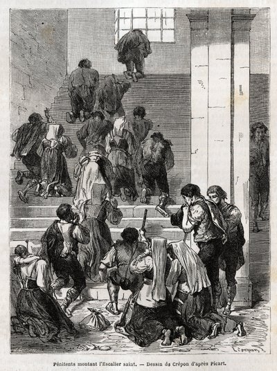 Katolikus bűnbánók felmennek a Rómába vezető szent lépcsőn. Metszet Ludovic Celler történetének illusztrálására; a nagyhét Rómában alkotó: Unknown artist