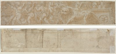 Oroszlánok által rajzolt szekér Amorinivel (recto) Részleges építészeti tanulmány (verso) alkotó: Unknown artist