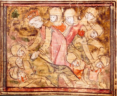 Charlemagne (742-814) megtalálja unokaöccse, Roland holttestét, aki a roncesvaux-i csatában halt meg. Miniatűr a „Grandes Chronicles de France” 1375-1379 városi könyvtárból, Castres alkotó: Unknown artist