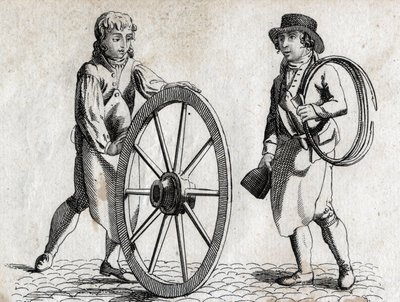 Charron szekérkerékkel és inassal Metszet 18. század vége. alkotó: Unknown artist