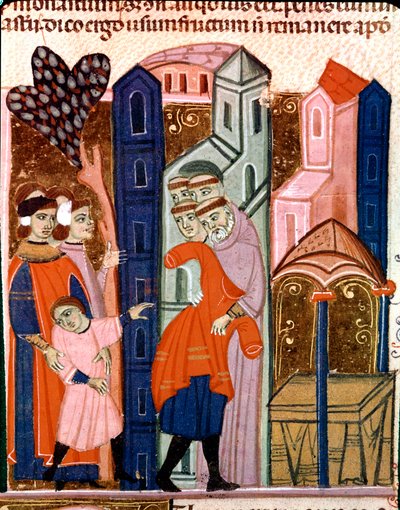 A gyerekeket a szerzetesekre bízzák oktatás céljából Miniatűr a Justinianus-kódexből (Codex Justinianus), a törvények és intézmények gyűjteményéből, amelyet I. Justinianus bizánci római császár (483-565) alatt dolgoztak fel. alkotó: Unknown artist