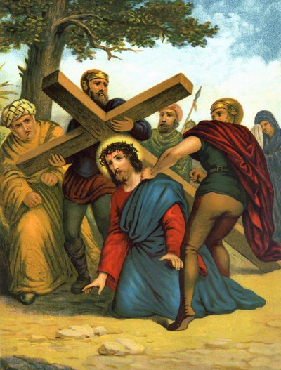 század végi kromolitográfiája, amely Krisztus életét ábrázolja: Jézus először esik kereszt alá. alkotó: Unknown artist