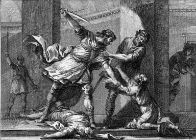 Clotaire (Clothaire) I (v.497-561) és Childebert I, a frank királyok meggyilkolták testvérük, Clodomir (495-524) két fiát. 18. századi metszet. alkotó: Unknown artist