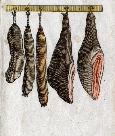 Felvágottak: Felvágott horgok sonkával és függesztett kolbásszal. Végmetszet a 18. századból. Magángyűjtemény. alkotó: Unknown artist