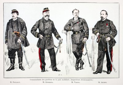 A mozgósított békefenntartók parancsnokai (hadosztályfelügyelők), balról jobbra: Mr. Foucault, Mr. Giobergia, Mr. Vassal, Mr. Archer. Színes rézkarc, illusztrációként a „Békefenntartók Hadtestének története” című könyv gondozásában megjelent alkotó: Unknown artist