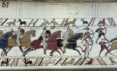 Anglia meghódítása Normandia hercege, Hódító Vilmos (1027-1087) által 1066-ban: a Hastings-i csata kezdete A Bayeux-i kárpit vagy Mathilde királynő hímzése részlete alkotó: Unknown artist