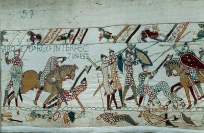 Anglia meghódítása Normandia hercege, Hódító Vilmos (1027-1087) által 1066-ban: II. Harold király halála nyílvesszővel a hastingsi csatában. Részlet a Bayeux-i kárpitról vagy Mathilde királynő hímzéséről alkotó: Unknown artist