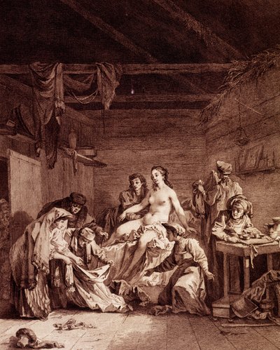 Az oroszországi esküvő utáni defloráció ellenőrzése. Ez ellenőrizte, hogy a házasság létrejött-e. 18. századi metszet. alkotó: Unknown artist