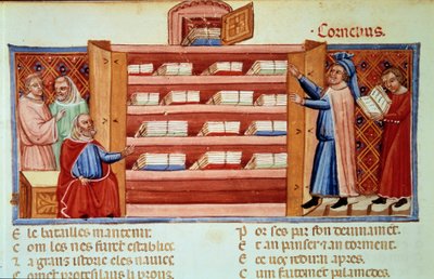 Cornelius Nepos, római életrajzíró (Kr. e. 100-25) egy gardróbszekrényben fedezi fel a fríg Dares Trója történetét. Miniatűr Benoit de Sainte-Maure „Le Roman de Troie” (Folio 2v) című művében (XII. század) alkotó: Unknown artist