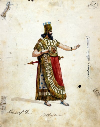 Nabukodonozor, Babilon királyának jelmeze Giuseppe Verdi (1813-1901) operájában, a „Nabucco””” először „Nabukodonozor””-nak hívták. A Scala Múzeum alkotó: Unknown artist