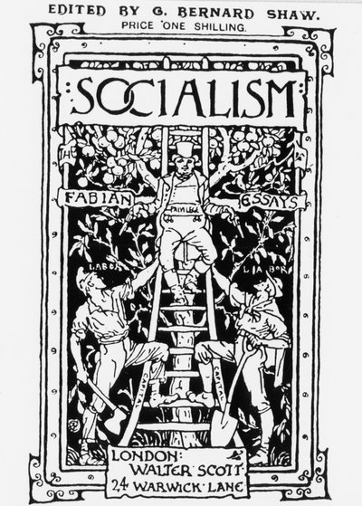 A G. B. Shaw által szerkesztett „Socialism” Fabian Society magazin címlapja. Az allegória a skála tetején lévő privilégiumot jelképezi, amely a tőkét szimbolizálja és a munkásokat két fegyverrel felügyeli. Metszés. alkotó: Unknown artist