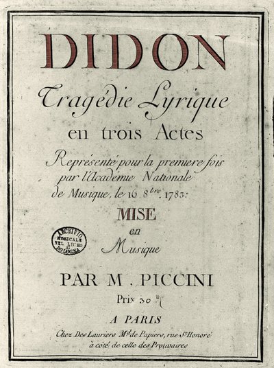 Niccolo Vito Piccinni (vagy Piccini) (1728-1800) zeneszerző „Didon” című operájának librettójának borítója. 1783 alkotó: Unknown artist