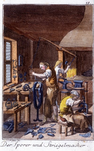 Craft craft: a sarkantyú, a zsugorkefét gyártó műhelyükben. Johan Peter Vire „” Átfogó leírása a művészetekről és a kézművességről és a műhelyekről fiataloknak” című könyvében. Szerk. Nürnberg, Weigel és Schneider alkotó: Unknown artist