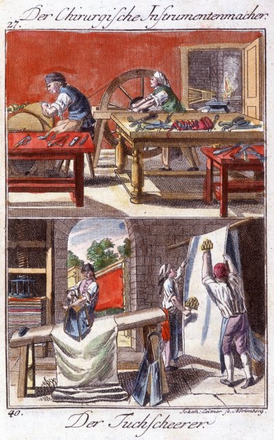 Crafts: műhelyükben sebészeti műszer (fent) és hüvelyvágó (alul) gyártója. Johan Peter Vue „” Átfogó leírása a művészetekről és a kézművességről és a műhelyekről fiataloknak” című könyvében. Szerk. Nürnberg, Weigel és Schneider alkotó: Unknown artist
