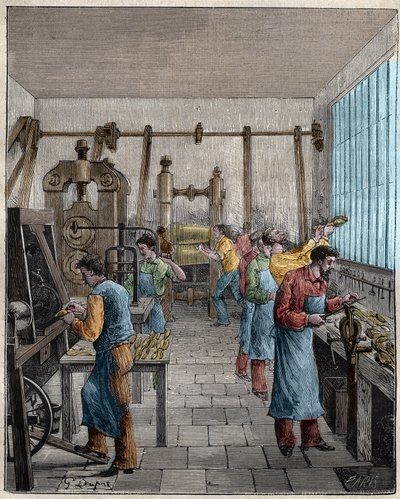 Evőeszközgyártó műhely (Posate) Franciaországban a XIX. Metszet 1885-ből Adolphe BITARD „” Les arts et metiers illustres” című könyvébe. alkotó: Unknown artist