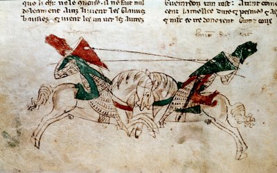 Arthur király ciklusa: „” Lancelot és Trisztán csata”” Miniatűr a „”-ből átvéve Meliadus de Leonnoys regénye: Arthur király, Palamedes és Galliot de Pre számos más nemes lovagi bravúrja együtt””, Rustichello (rustikus, Rusticiano) o alkotó: Unknown artist