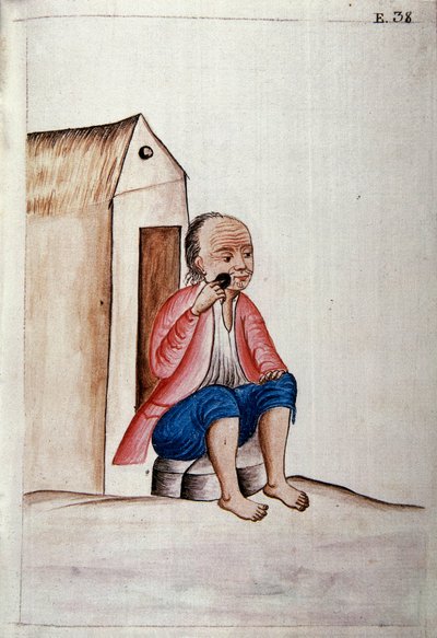 Peru mindennapi élete és szokásai: "" Az indián borotválja a szakállát a küszöbén "" Akvarell Baltasar Martinez Companon y Bajanda, Trujillo püspöke (1782-1785) "" Trujillo del Peru "" című könyvéből. 18. századi Madrid. Biblioteca del Palacio Real alkotó: Unknown artist