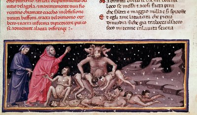 Dante és Virgil találkozik Ciaccóval és Cerberével a torkossal (9. ének a pokolból, az Isteni vígjátékban) - miniatűr alkotó: Unknown artist