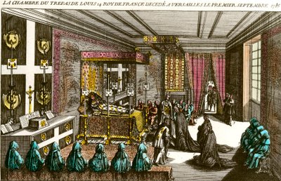 XIV. Lajos király halála: XIV. Lajos (1638-1715), Soleil királyként ismert halotti kamrája 1715.09.01-én Versailles-ba szállt. A 18. századi magángyűjtemény metszete alkotó: Unknown artist