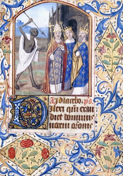 Halál lándzsájával, amely három alakra mutat, egy pápa, egy király, egy király és egy királynő, egy gótikus templom előtt állva, 1470 körül alkotó: Unknown artist