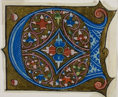 Díszített "D" kezdőbetű levelekkel és két golyóval egy kóruskönyvből alkotó: Unknown artist