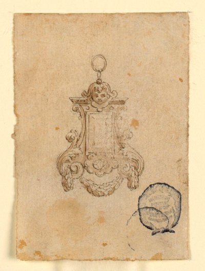 Tervezés egy medálhoz levéltekercsekkel és gyermekfejjel alkotó: Unknown artist