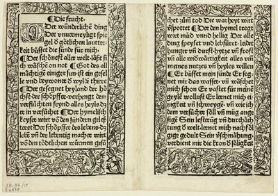 Áhítati szakaszok díszes szegéllyel a következőből: Andächtig Zeitglöcklein des Leben und Leidens Christi, 17. tábla a Woodcuts from Books of the 15th Century (Fadarabok a 15. századi könyvekből) című kötetből. alkotó: Unknown artist