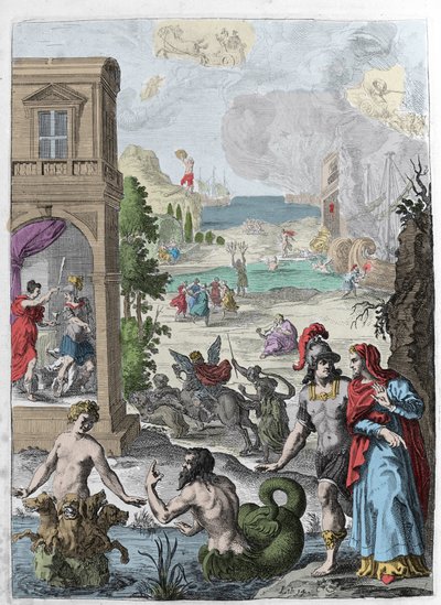 Különböző metamorfózisok, előtérben Scylla és a belé szerelmes Glaukosz tengeri isten, a háttérben Anaxarete felakasztott Iphis-rejetes. Az illusztráció a „Metamorfózisok” (Metamorfosi) XIV. könyvéből származik, Ovide (Kr. e. 43-17). Gravírozás 1 alkotó: Unknown artist
