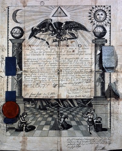 Isaac Huit oklevele, mint társ és mester a királyi kőművesművészetben, amelyet 1789-ben a genfi St-Jean nagypáholy ítélt oda. alkotó: Unknown artist