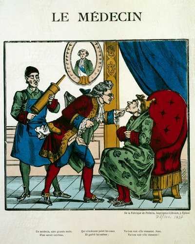 Doctor Scene egy beteget vizsgáló orvost ábrázol, mögötte asszisztense egy clystere-t tart. Metszet a 19. századi Párizsról, B.N. alkotó: Unknown artist