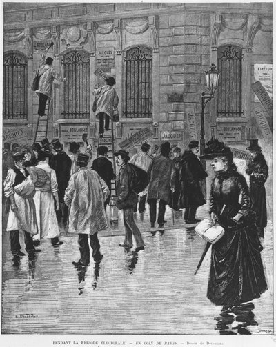 A választási időszakban Párizsban; plakátmatricák az 1889. január 27-i választások során, amelyek a pékségkampányban csúcsosodtak ki - Musee Carnavalet. alkotó: Unknown artist